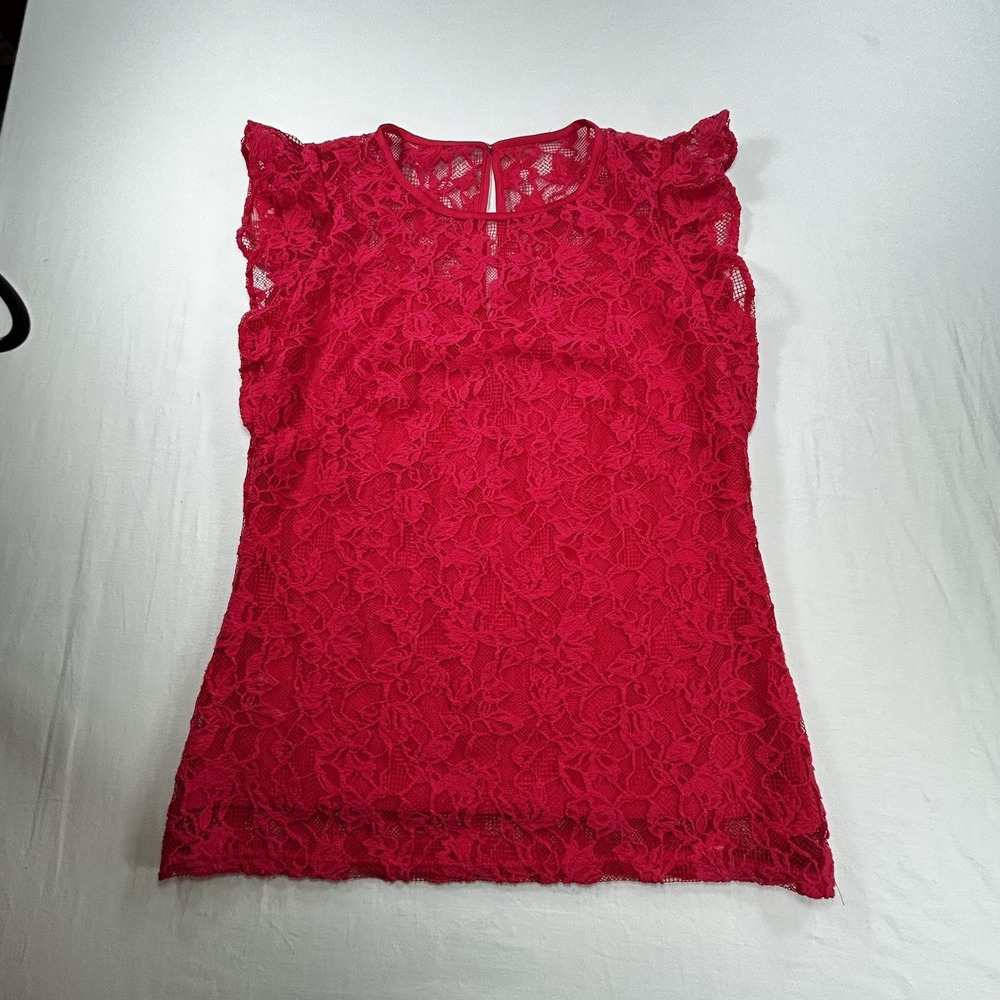 White House Black Market Sz 2 Lace Blouse Bright Pink Sleeveless Round Neck